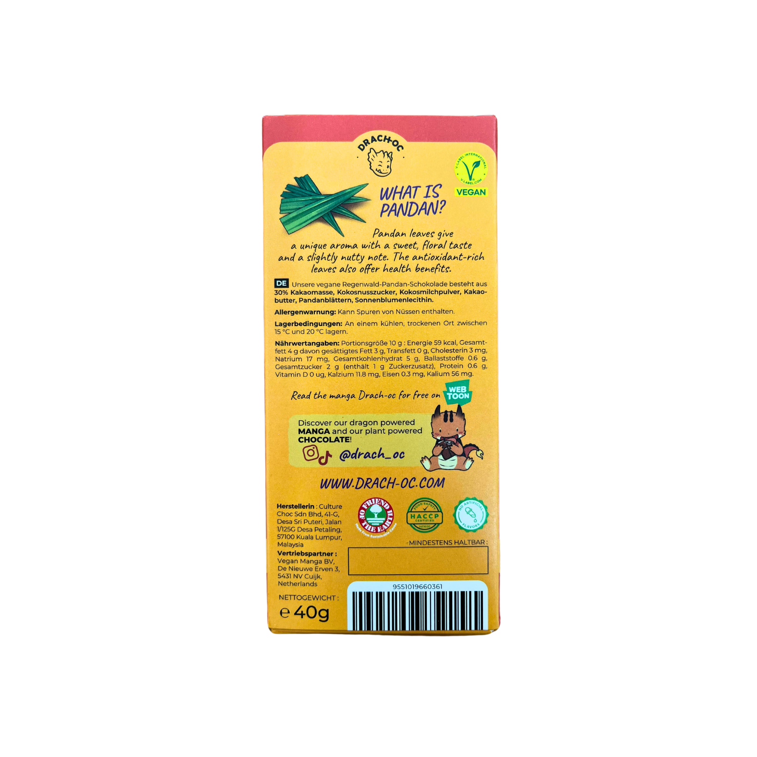 Vegan Chocolate Bar - Rainforest Pandan 40g