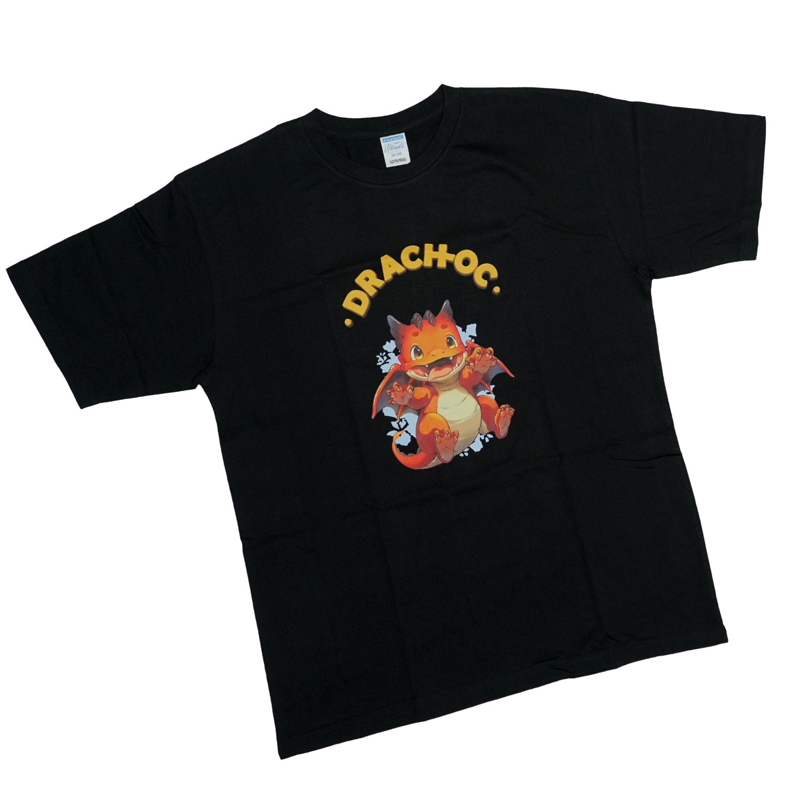 A black T-shirt featuring a graphic print of Drach-oc character.